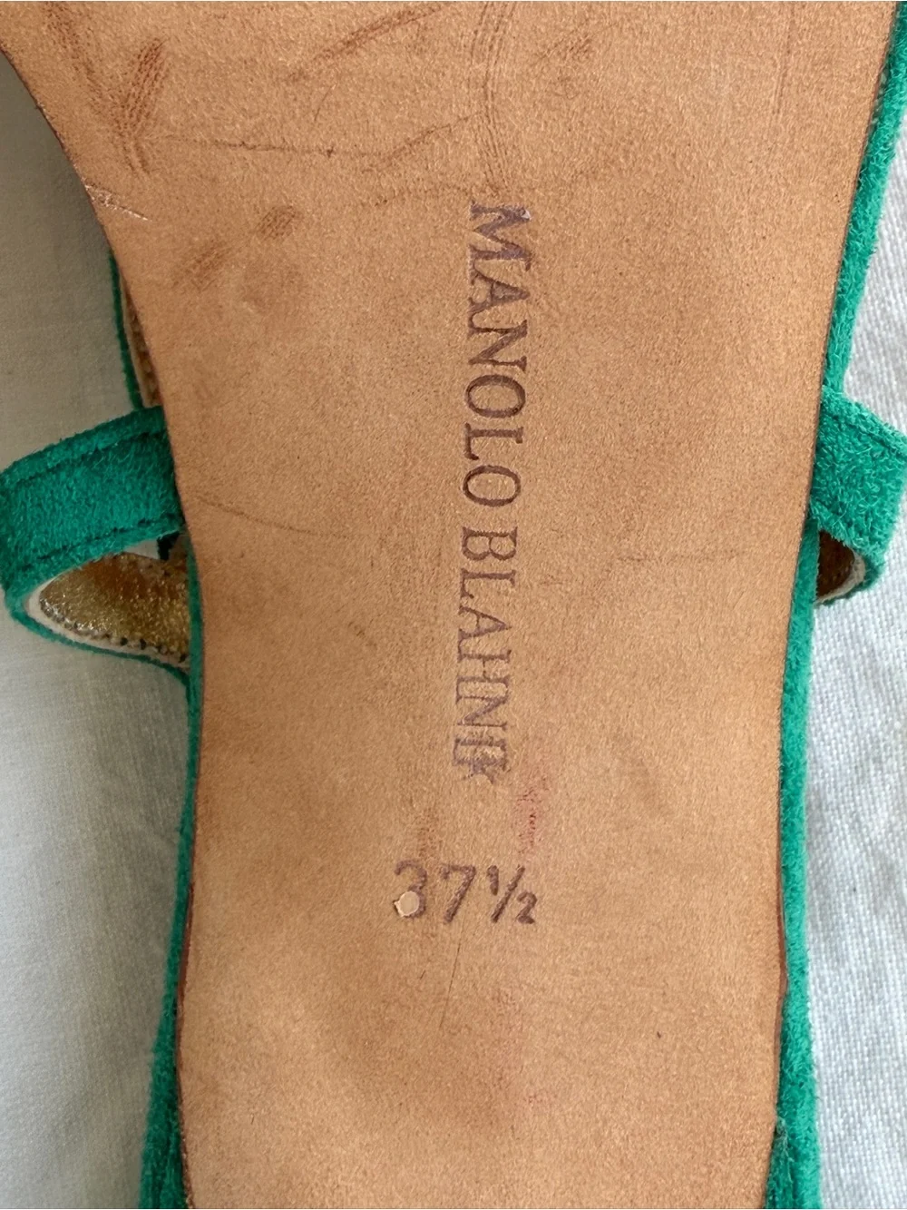 Vintage Manolo Blahnik Suede Strappy Loop Open Toe Heels Emerald Green